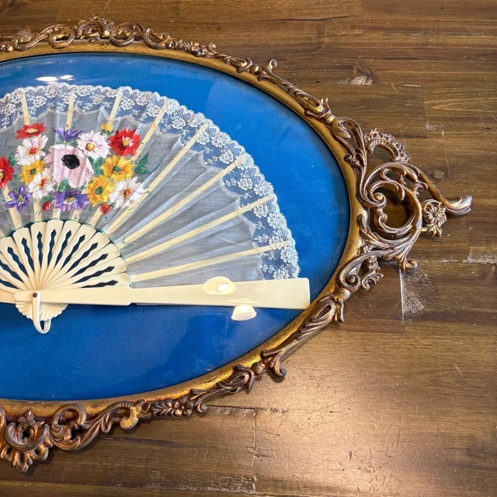 Ornate Victorian Hand Painted Fan In Frame Bubble French Shadow Box Brass Wall